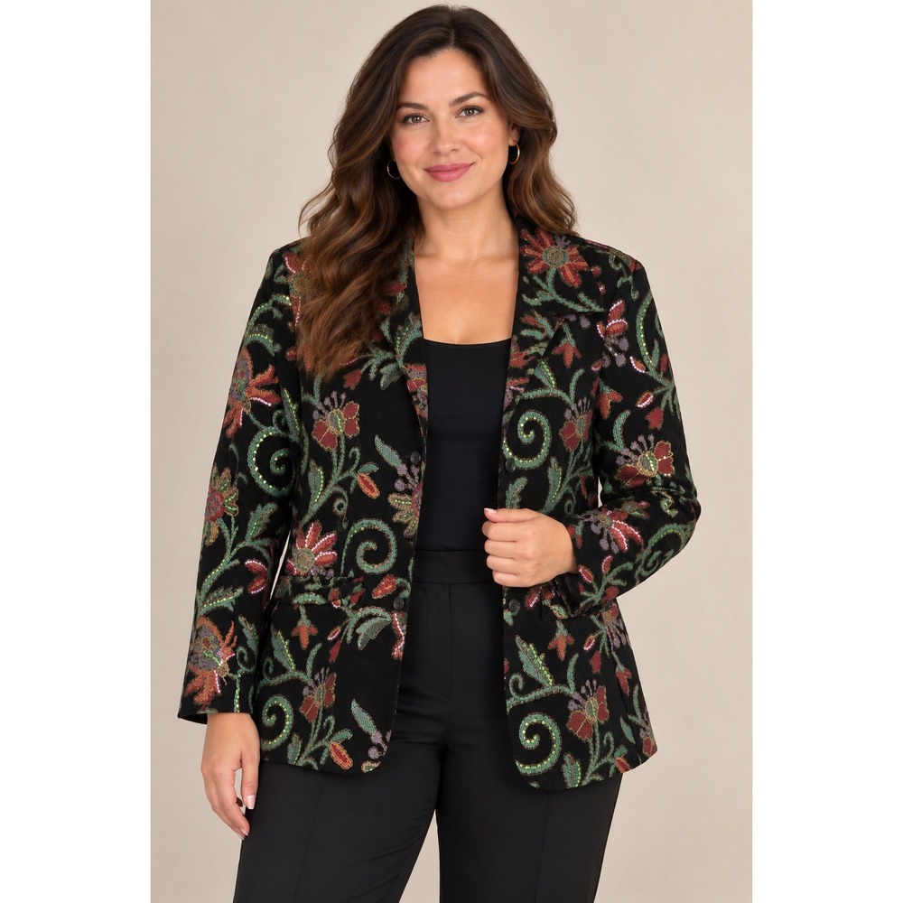 Susan Graver Style Blazer Women Large Black Floral Sequin Velvet Tapestry Jacket